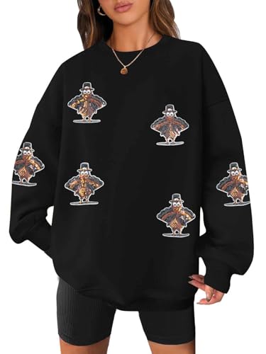 JINTING Thanksgiving Sweatshirt for Women Sequin Turkey Graphic Sweater Causal Holiday Pullover Long Sleeve Fall Tops Black