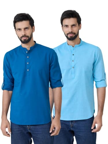 Image of See Designs Men's Roll-Up Sleeve Mandarin Collar Cotton Solid Short Kurta (Pack of 2) - Festive Collection