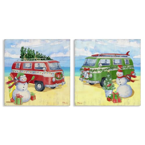 'Coastal Christmas Holiday Beach Snowmen'| 2pc Canvas Art Set 2