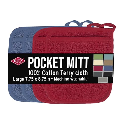 RITZ Terry Pocket Mitt & Hot Pad: Unparalleled Heat Resistant, Durable 100% Cotton – Ergonomically Designed for Optimal Grip – Easy-Care Machine Washable – 4-Pack, Federal/Paprika