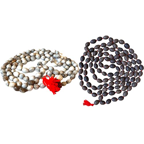 Naisha (Pack of 2) Original Vaijanti Mala White Bead Mala & Kamal Gatta Mala (Lotus Seeds) 108 Beads with Tassel