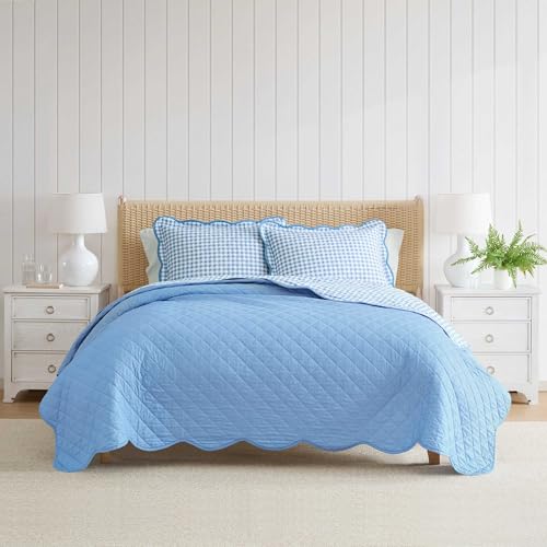 Image of Martha Stewart - Queen Quilt Set, 100% Soft & Breathable Bedding with a Lightweight Feel for Year Round Comfort, 3 Piece Bed Set with Matching Pillowcases (Olivia Gingham Blue)