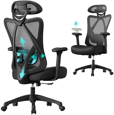 SONGMICS Ofis Sandalyesi, Ergonomik Çalışma Masası Sandalyesi, Bilgisayar Sandalyesi, File Sandalye, Ayarlanabilir Bel Desteği ve Baş Desteği, 150 Kg'a Kadar Taşıma Kapasitesi, Yüksekliği — Amazon ürün görseli