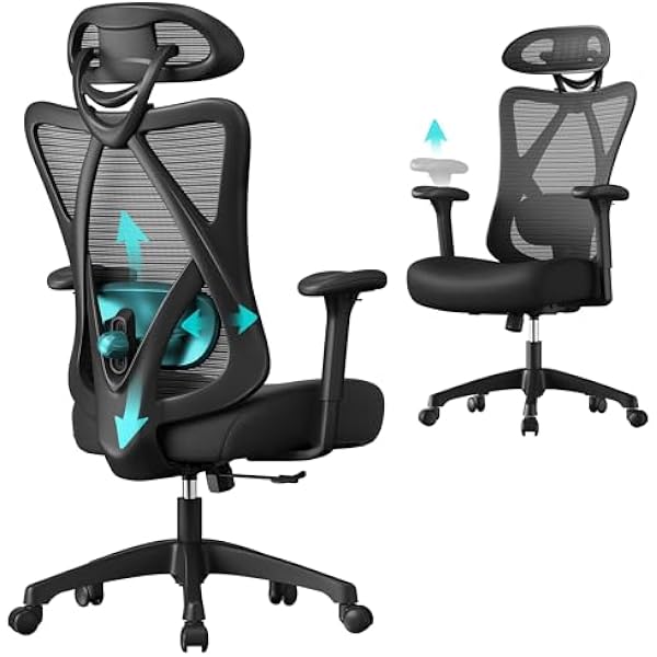 SONGMICS Ergonomiczne krzesło biurowe krzesło komputerowe krzesło siatkowe regulowana poduszka lędźwiowa i poduszka nośność 150 kg regulacja wysokości czarny tusz OBN063B01