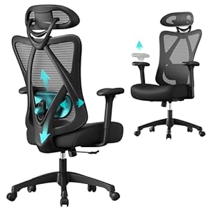 SONGMICS Ergonomischer Bürostuhl, Computerstuhl, Mesh-Stuhl, Lendenkissen und Kopfstütze verstellbar, maximale Belastung: 150 kg, höhenverstellbar, Tintenschwarz, OBN063B01