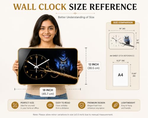 Image of Mystic Owl Wall Clock | Silent Sweep Movement | Vastu Compliant Luxury Decor | Evil Eye Nazar Protection Owl Art | Premium Home Decor Gift for Living Room, Bedroom, Office & Entrance 18 x 12 Inch