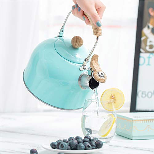 Rockurwok Whistling Tea Kettle, 2.5 Qt / 80 Oz, Blue Teapot, Universal Base For Induction | Gas | Electric | Halogen | Radiant, Cool Toch Foldable Handle, Vintage #TOP5