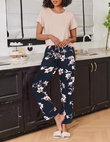Image of Ekouaer 2 Pack Pajamas for Women Set Short Sleeve Sleepwear Top and Pants Pjs Soft Printed Lounge Sets with Pockets