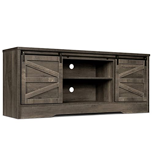 Becko Farmhouse TV Stand Entertainment Center tv Table for 65 Inch TVs Vintage Rustic Media Console Television Cabinet with Silding Barn Door & Adjustable Shelves (Gray)