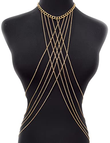 Ofeiyaa Harness Body Chain Sexy Layered Tassel Belly Waist Chain Necklace Boho Hot Bikini Nightclub Party Beach Body Jewelry for Women and Ladies Gold Tone - Thumbnail 2