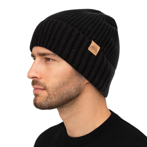 TOP-EX XL/XXL Wintermütze Merinowolle Beanie Herren Warme Strickmütze mit Fleecefutter Wollmütze Damen Winter für Snowboard Outdoor Geschenk Schwarz Große Köpfe
