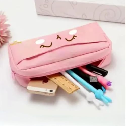 Image of Kawaii Blushing Face Pencil Pouch | Cute Blue Zipper Case for Girls & Kids (Pink)