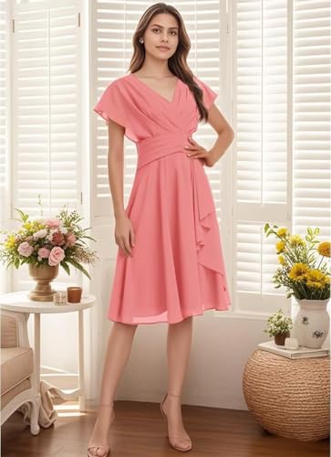 Women's Chiffon Short Bridesmaid Dresses 2025 Ruffled V Neck Short Sleeve Formal Evening Party Prom Dress with Pocket4