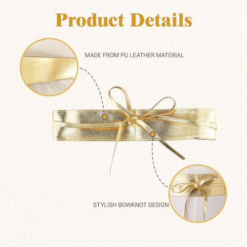 panthra Gold and Silver Corset Belt, 2 PCS Faux Leather Wrap Belts, Wide Gold Belts for Women, Easy to Clean, Fashion Bowknot Wrap Around Obi Belt for Dress2