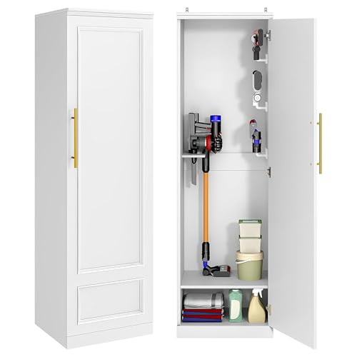 Homiflex Broom Closet Storage Cabinet 65 H Slim Utility Closet with Door and Shelf Tall Vacuum Storage Cabinet with Hooks for Cleaning Tool Broom Closet Organizer for Bathroom Garage White