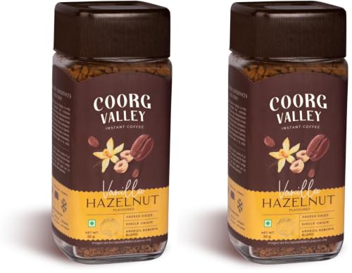 Image of Coorg Valley Vanilla Hazelnut Instant Coffee 50g | Flavoured Coffee | Premium Blend of Robusta & Arabica | Freeze Dried | Make Cafe Style Hot & Cold Coffee at Home (Pack of 2)