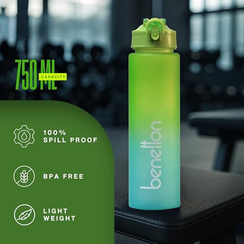 Image of United Colors of Benetton 3-in-1 Water Bottle Set, 2000ML + 750 ML + 300 ML Assorted Bottles, Leakproof Reusable Drinking Bottles with Multi-Lid Options, Durable Sports /Gym /Travel Bottle (Yellow-Blue)