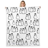 Penguin Throw Blanket - Baby Size, Kids Boys Girls, Antarctic Animal, Fleece, Cartoon Penguin Illustration, Sherpa, Children Teens Adult, Grey White And Black, Plush Bed Blanket