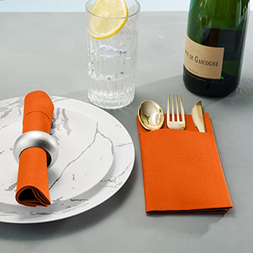 50-Pack Disposable Linen-Feel Dinner Napkins with Built-in Flatware Pocket, ORANGE Prefolded Cloth Like Paper Napkins For Thanksgiving, Dinner, Wedding Or Party [Silverware NOT Included] - Thumbnail 4