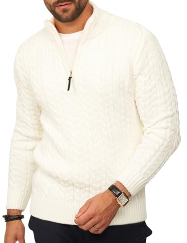behype. Men's Knitted Jumper as Troyer in Chunky Knit with Cable Knit - Winter Jumper in Regular Fit with Stand-Up Collar - Warm Half-Zip Jumper for Men, ecru, S