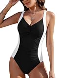FemiChic Bañadores Mujer Reductores Vientre Plano Traje de Baño Una Pieza con Fruncido Push Up Bloqueo de Colores Swimsuit para Playa Piscina(Negro,L)