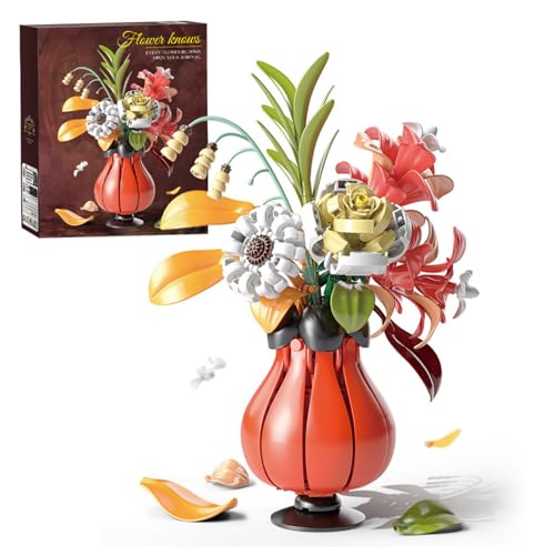 JVAVNE Bouquet de fleurs artificielles - 315 pièces - Kit de construction avec vase, décoration d'intérieur, cadeau de Saint-Valentin et d'anniversaire pour femme, compatible avec les grandes marques