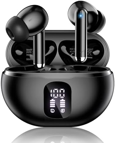 Wireless Earbuds, Bluetooth 5.4 Headphones with 50H Playback, Deep Bass Stereo Ear Buds Clear Calls with LED Power Display, IPX7 Waterproof, in-Ear Earphones with Mic for Phone/Android/iPad, Black