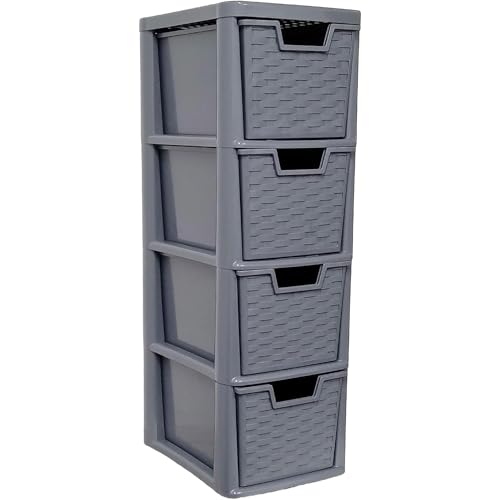 ALEEZ - 4 Drawer Storage Unit - Rattan Effect Plastic Tower Unit - Home Office Desktop Organizer - Cosmetic, stationery, Craft Table Top Drawer - Multipurpose Storage Solution (Grey, 4 Drawer)