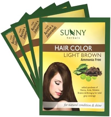Sunny Herbals Light Brown Hair Color | Rich & Natural Light Brown Shade | No Ammonia | Long-Lasting Color | Covers Grey Effectively | With Henna, Amla & Bhringraj | Soft & Shiny Hair | Unisex, Pack of 4