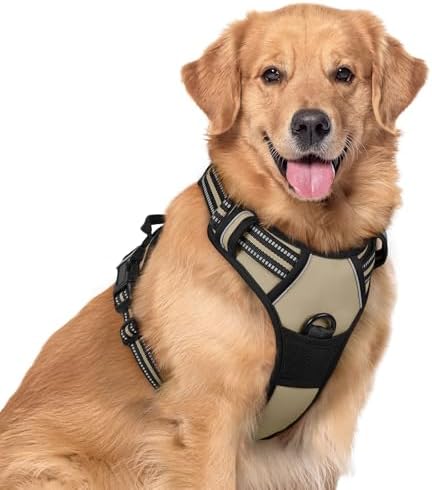 rabbitgoo Hundegeschirr Grosse Hunde Anti Zug mit Griff, XL, Beige | No Pull & Individuell Anpassbar, Atmungsaktiv Gepolstert, 2 D-Ringe, Schnellverschlüsse, Reflektierend für Gass