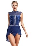 Jhaoyu Body de baile sin mangas para mujer, con pedrería, con espalda descubierta, leotardo con falda asimétrica, salsa cha-cha, rumba, ropa de baile, vestido de patinaje artístico, azul marino, XXL,