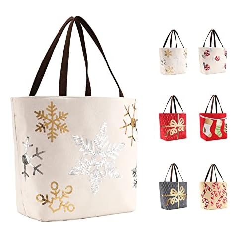 LessMo Canvas Tote Bag, Reusable Shoulder Bag, Carry Shopping Bag with Christmas Decoration Pattern for School Work Shopping Travel, Women Men Girls Handbags Cover