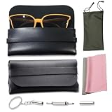 2 fundas para gafas de piel, color negro, funda suave con destornillador, funda para gafas con paño de limpieza para gafas, funda plana suave con vendaje, funda para gafas para hombre y mujer