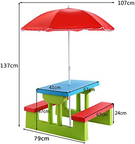 COSTWAY Kids Picnic Table, Indoor & Outdoor Table and Bench Set with Removable Umbrella, Children Garden Furniture Parasol for Girls Boys (Green + Red + Blue)