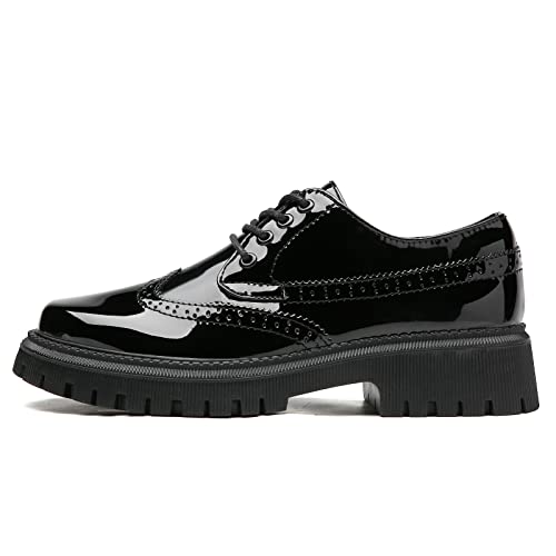 Image of Womens Vintage Oxford Shoes Platform Lace-up Round Toe Patent Leather Brogues Casual Oxfords for Girls Ladies Women