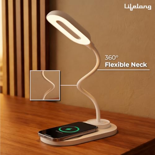 Image of Lifelong LED Study Lamp with Wireless Charging for Phone, AirPods| Touch Control Table Lamp with 3 Light Modes | Eye-Caring Study Lamp with Flexible Gooseneck|LED Desk Light for Home, Office & Bedroom