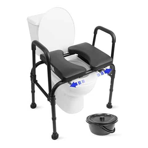 KMINA - Raised Toilet Seat with Handles (v.2. Patented 400lb PU Seat), Adjustable 3 in 1 Commode Chair for Toilet with Arms, Toilet Riser with Handles, Bedside Commode Chair Black - Made in Europe Cover