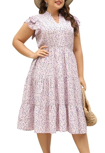Image of Keluummi Plus Size Midi Dress for Curvy Women Wedding Guest Summer Floral Empire Waist Short Sleeve with Pockets