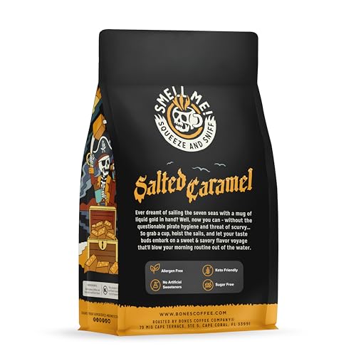 Bones Coffee Company Salted Caramel Flavored Coffee, Medium Roast Low Acid Arabica Beans Compatible with Auto drip and French Press Coffee Maker, 12 Oz Ground