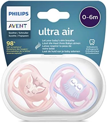 Smoczek Ultra Air Philips Avent, dla dzieci do 6 miesiąca życia, ortodontyczny i bez bisfenolu A, 2 szt., w zestawie sterylizator/torba do przenoszenia, SCF080/02