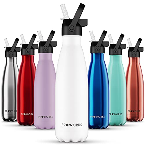 Proworks Botellas de agua aisladas con popote, botellas de agua de metal de 500 ml para la escuela, la oficina y el hogar. Mantiene tus bebidas calientes o frías durante más tiempo, gama de estilos,