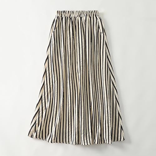 Women's Striped Linen Skirts Elastic Waist Long Flowy Bohemian Casual Summer A Line Maxi Skirt with Pockets White2