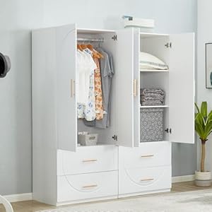 Wardrobe Closet Armoire Wardrobe Closet White Storage Cabinet Wooden Clothes Closets Cabinet Bedroom Armoires Cabinet with Hanging Rod Shelves63 W x 20 H x 74 H
