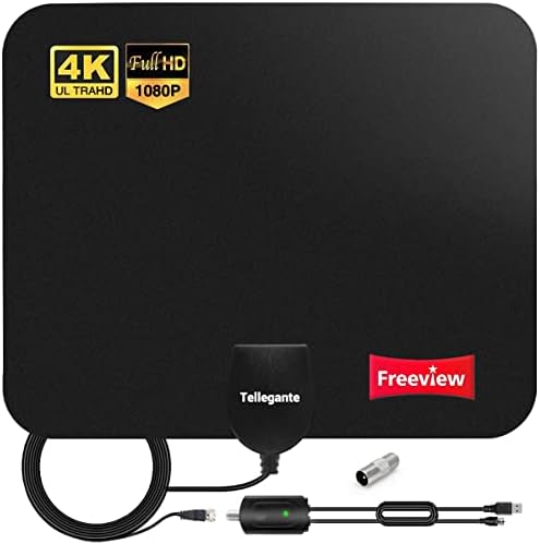 TV Aerial, Indoor TV Aerial for Digital Freeview 4K 1080P HD VHF UHF for Local Channels 200+ Miles Long Range with Upgraded Amplifier Signal Booster Support All Types TVs  16.5ft Coax Cable