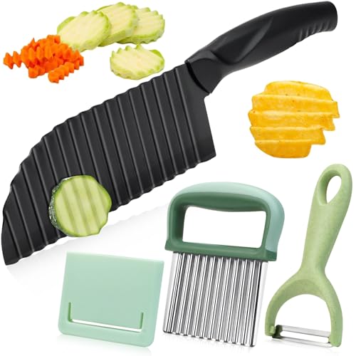 QGGTQG Wellenschneider aus Edelstahl 3 Stück Wellenschneider Gemüse 1 x Wellenmesser Riffelmesser 1 x Sparschäler 1 x Pommes Wellenmesser mit Schützendem für Gemüse, Kartoffel und Obst