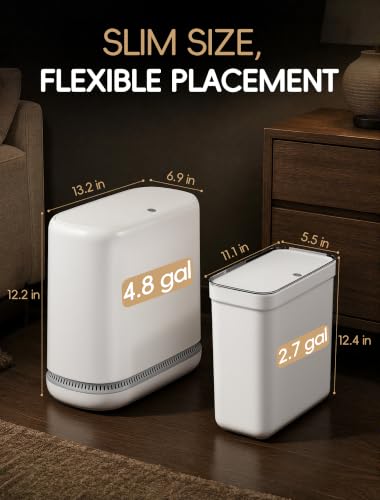 Image of Small Bathroom Trash Can with Lid, Dog Proof Slim Press Top Garbage Can, White Plastic Narrow Waste Basket, for Bathroom Bedroom Office 2 Pack Set with 4.8 Gal and 3.3 Gal