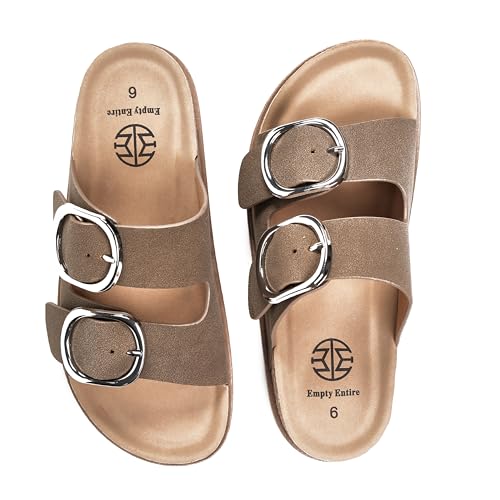 E E EMPTY ENTIRE Women's Cork Sandals with Arch Support – Fashion Slides with Double Oversized Metal Buckle and Soft Microfiber Suede Upper – Comfortable Sandals for Women, Taupe ，Size 8