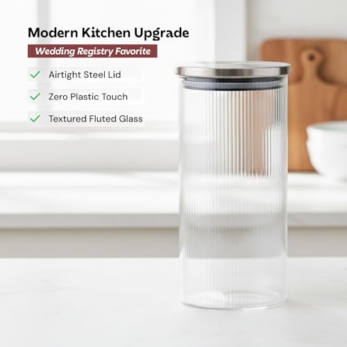 Image of amazon basics Large Fluted Glass Jars with Stainless Steel Lids, Set of 6, 1000ml Decorative Kitchen Storage Containers for Flour, Cookies, Dry Fruits, Pasta & Pantry Staples