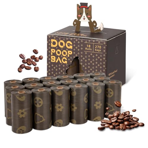 DBFAIRY Dog Poop Bags Coffee Scented, 18 Rolls 270 Count Compostable Dog Waste Bags Strong Thick, Leak Proof and Portable Poo Bags Refill Rolls for Dogs and Cats