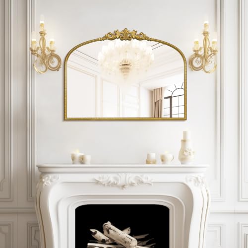 Image of WallBeyond Gold Vintage Mirror for Vanity 32x24 Inch, Gold Antique Mirror with Ornate Frame, Arched Vintage Wall for Bathroom, Living Room, Fireplace, Entryway